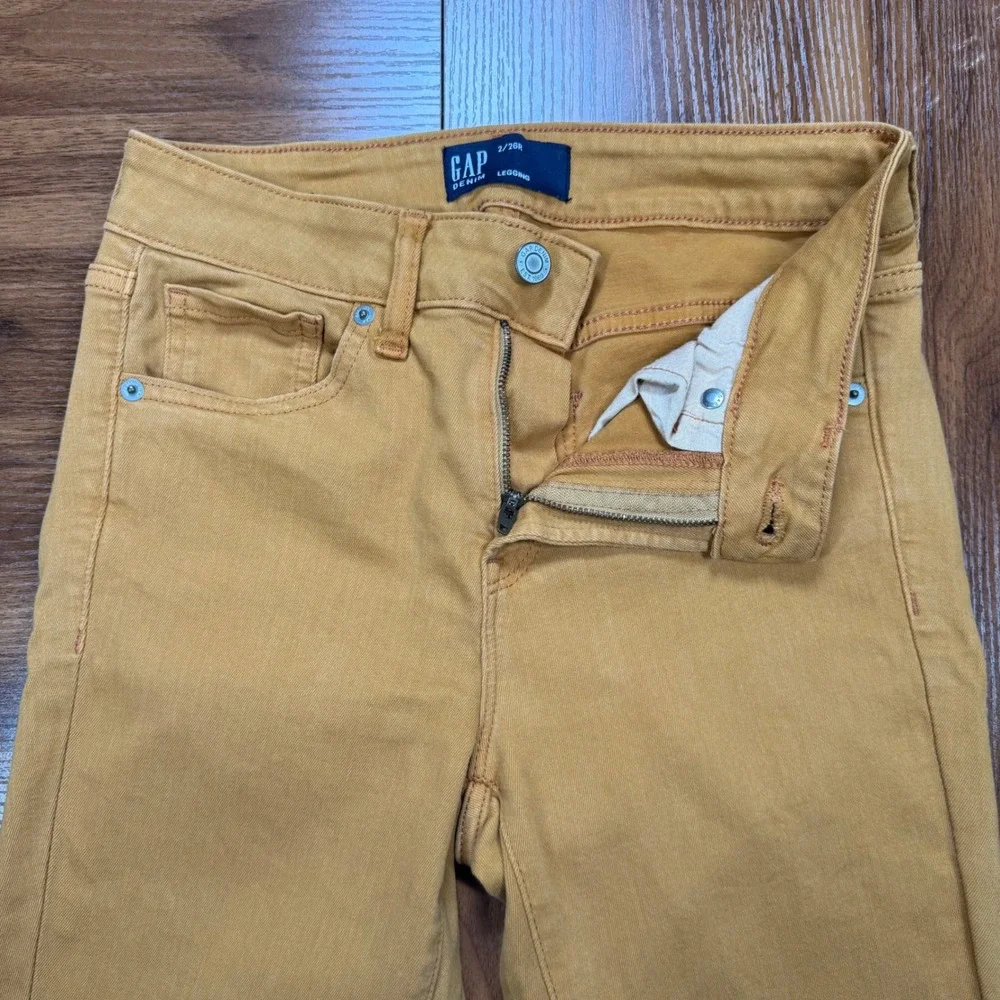 GAP Denim Legging Jeans Mustard Yellow Raw Hem Skinny Mid Rise 2/26R Regular - Picture 3 of 8